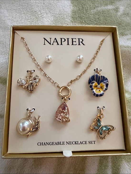 Napier Jewelry - Napier Gold-Tone Necklace Set with Pink Teardrop and Blue-Yellow Floral Charm